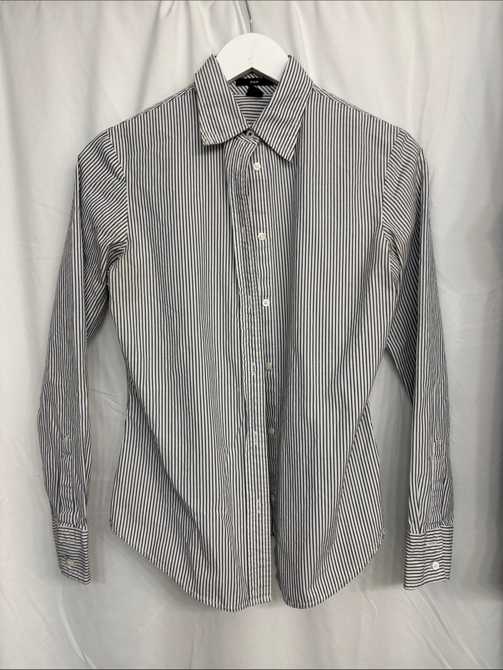 GAP Women’s Navy and White Pinstripe Dress Shirt